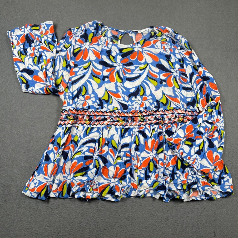 Crown & Ivy Blouse Women L Blue Floral Peplum Bell Sleeve Embroidered Boho Top